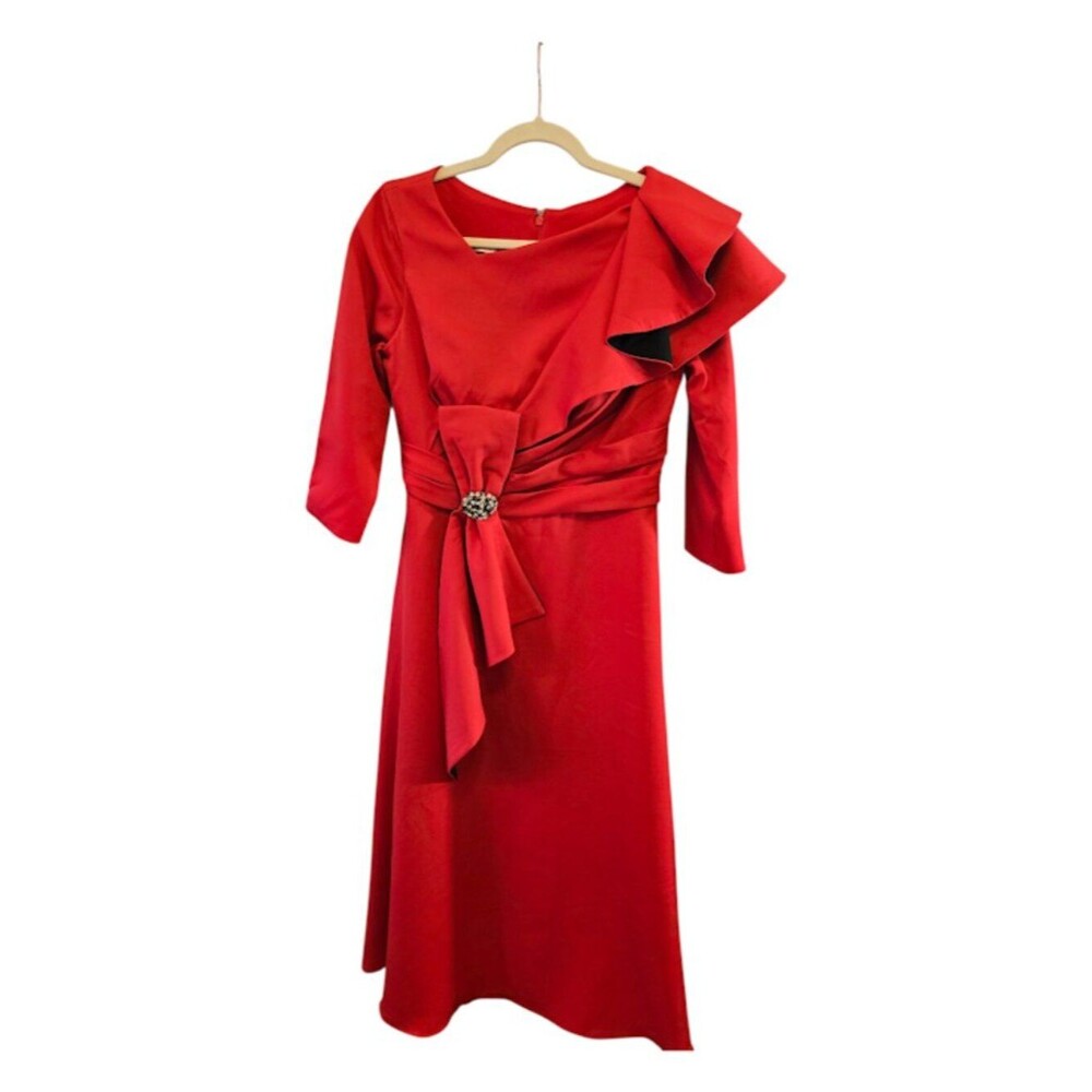 MISSACC SIZE 10 RED NWT COCKTAIL DRESS ASYMMETRIC COLLAR RUFFLE BELT DETAIL